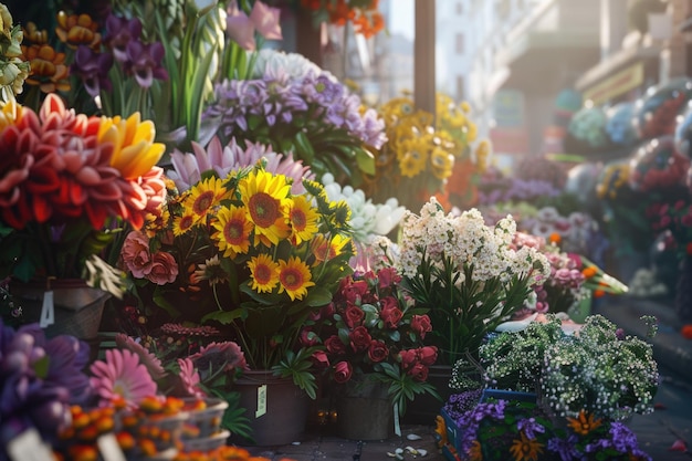 various types of flowers Gathered together and sold on the street