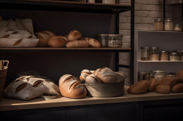 Various types of fresh bread buns and baguette on shelves in bakeryon a rustic table in a bread shop for breakfast and afternoon tea Ai generated