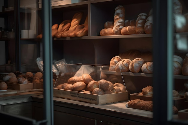 Various types of fresh bread buns and baguette on shelves in bakeryon a rustic table in a bread shop for breakfast and afternoon tea Ai generated