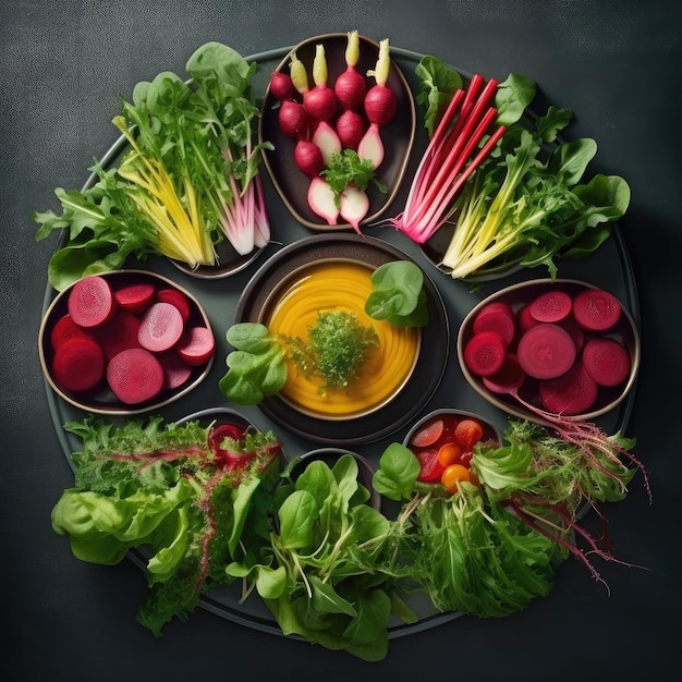 Various types of fresh vegetables on a black background top view