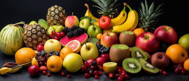 Various types of fruits with aesthetic arrangement top view