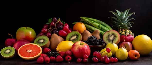 Various types of fruits with aesthetic arrangement top view