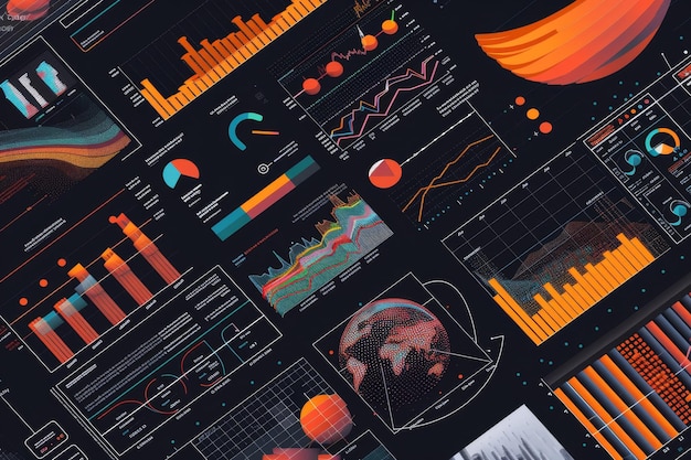 Photo various types of graphics representing market trends and data analysis projected on a black backdrop a series of data visualizations depicting market trends and consumer behavior