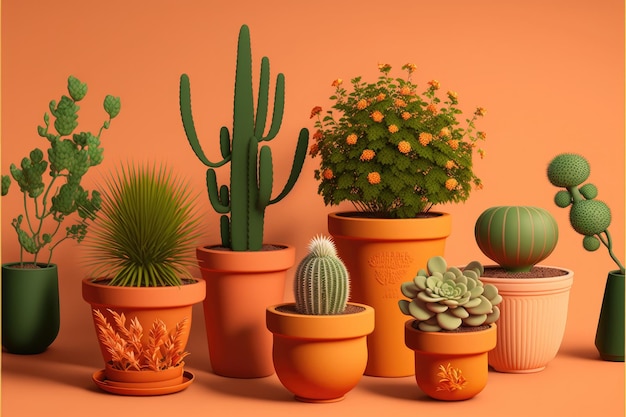 Various types of house plants clay pots on orange background Generative AI