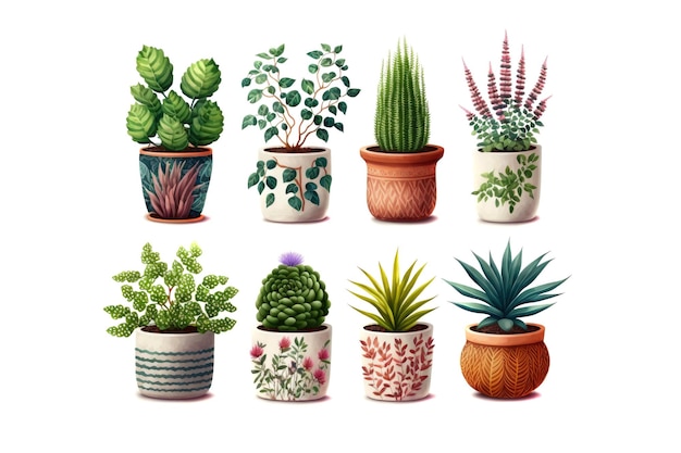 Various types of house plants clay pots on white background Generative AI