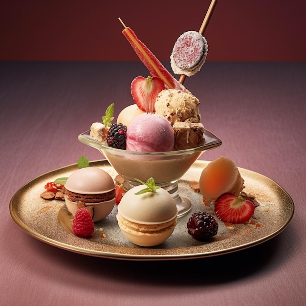 Various types of ice cream in a glass bowl on a brown background