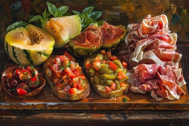 Photo various types of italian antipasto displayed on a wooden tray an artistic representation of the paleo diet