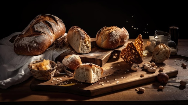 Various types of Italian bread on a rustic table for breakfast and afternoon snack