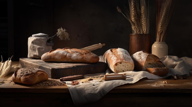 Various types of Italian bread on a rustic table for breakfast and afternoon snack