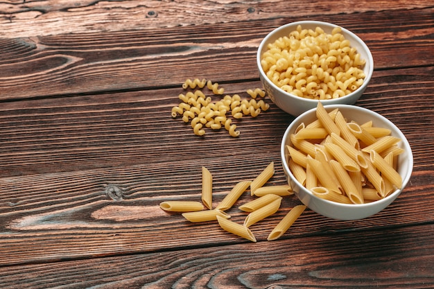 Various types of Italian pasta rustic table