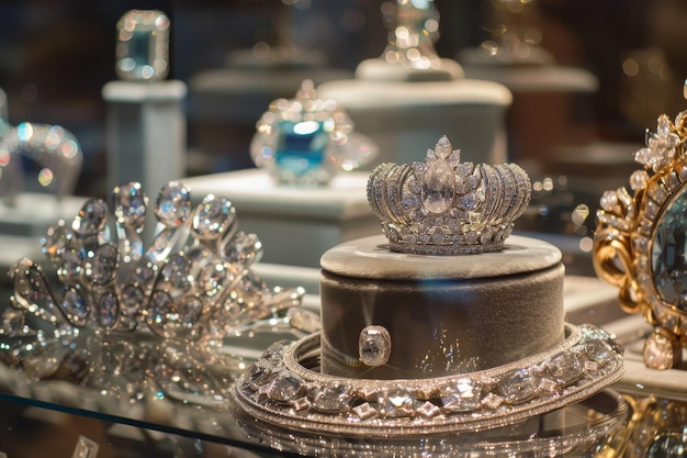 Various types of jewelry including diamonds and gems displayed on a table A glamorous display of diamonds and jewels symbolizing the wealth of a Jackpot winner