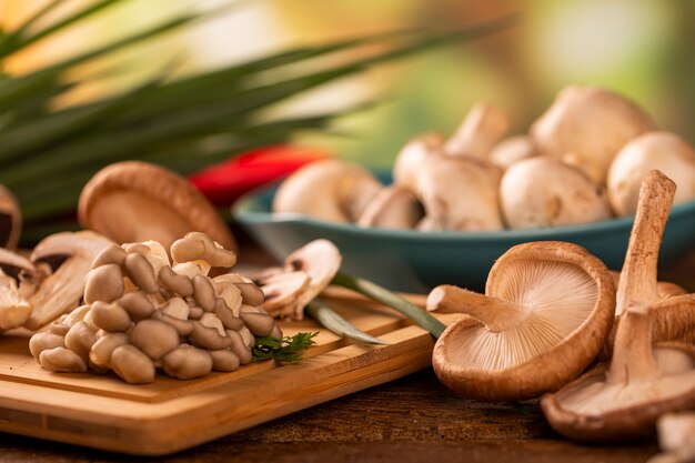 Various types of mushrooms on a wooden table.