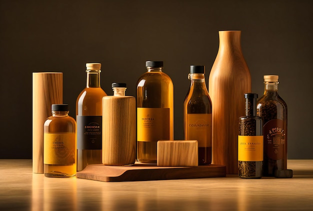 Various types of oil and nuts on a wooden table