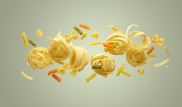 Various types of pasta Falling and Flying on olive green background