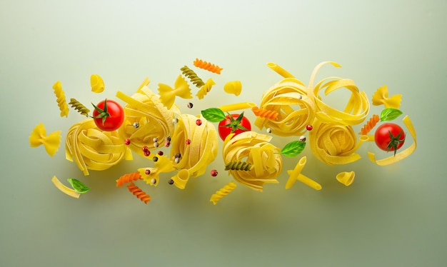 Various types of raw pasta Falling and Flying with tomatoes and spices on olive green background