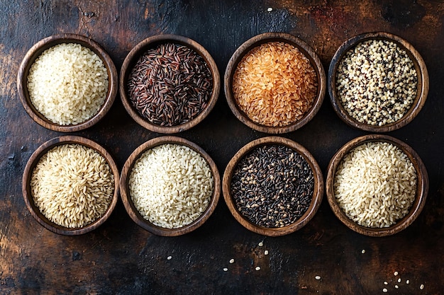 Photo various types of rice displayed in wooden bowls on rustic background