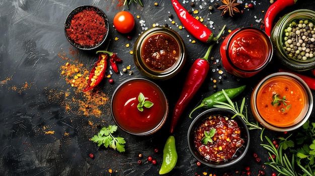 Various types of sauces peppers and spices on a black background