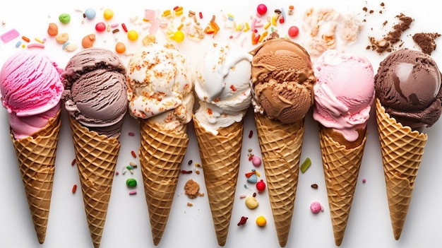 Various varieties of ice cream in cones isolated