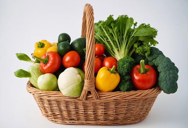 A various vegetables on a basket in a white background