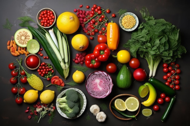 Various vegetables and fruits laid out in a circle