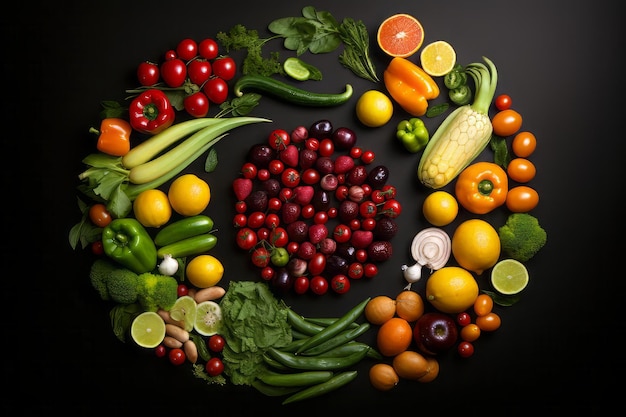 Various vegetables and fruits laid out in a circle