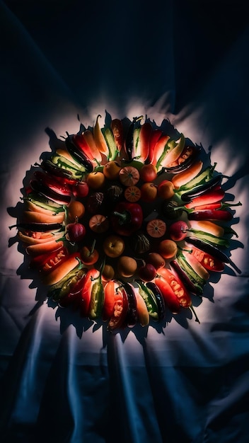 Photo various vegetables and fruits ld out in a circle on a dark background