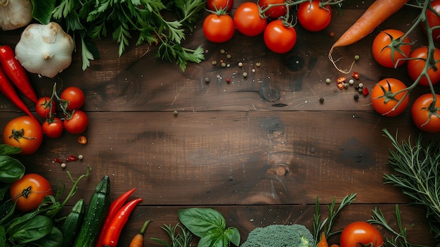 Various vegetables and herbs on the wooden table from top view Food ingredient