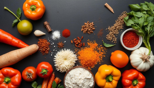 Various vegetables and spices on black surface creating food composition