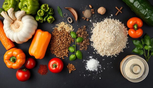 Various vegetables and spices on black surface creating food composition