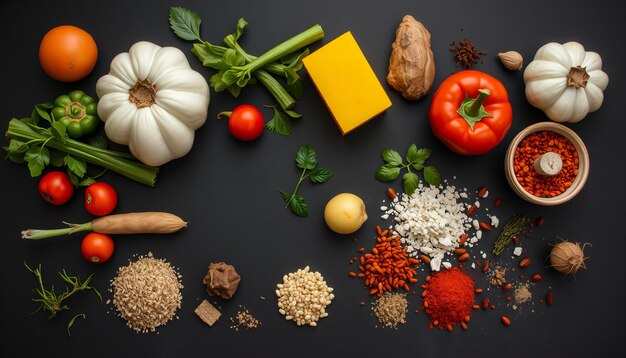 Photo various vegetables and spices on black surface creating food composition