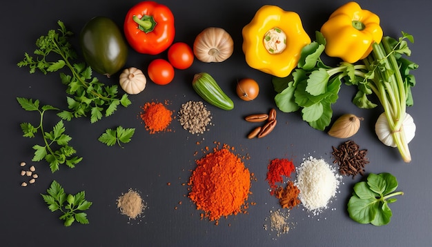 Various vegetables and spices on black surface creating food composition