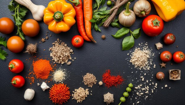 Various vegetables and spices on black surface creating food composition