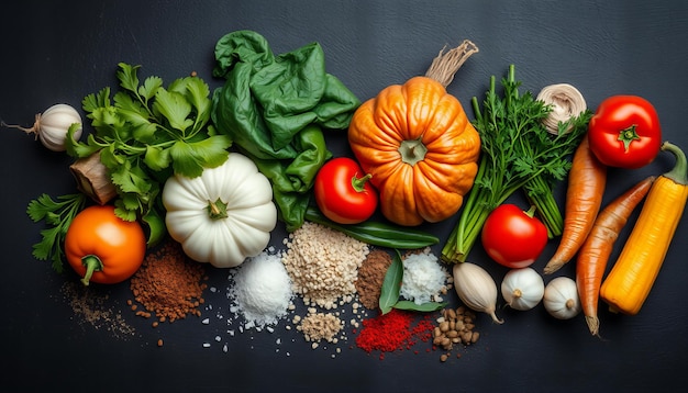 Various vegetables and spices on black surface creating food composition