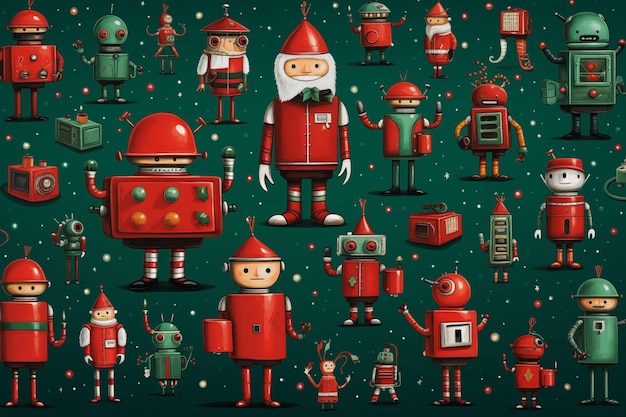 Various very tiny robots wearing Christmas clothing red and green background