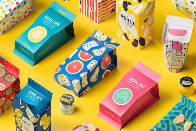 Photo various vibrant packaging designs displayed on a bright yellow background developing eyecatching packaging designs