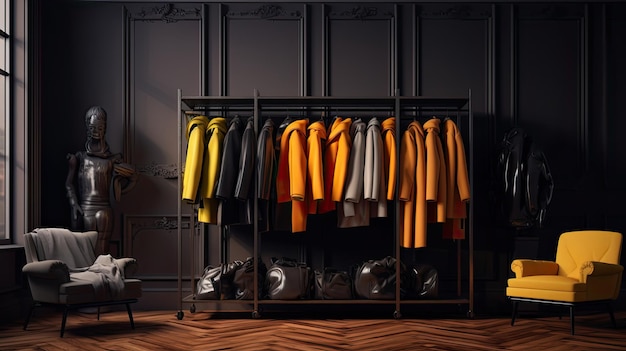 various warm jackets neatly arranged on a stylish rack within an elegant room interior The juxtaposition of fashion and decor speaks to the essence of modern living