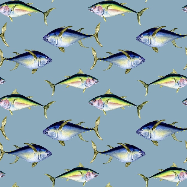 Photo various wild sea fish seamless pattern watercolor illustration isolated on blue