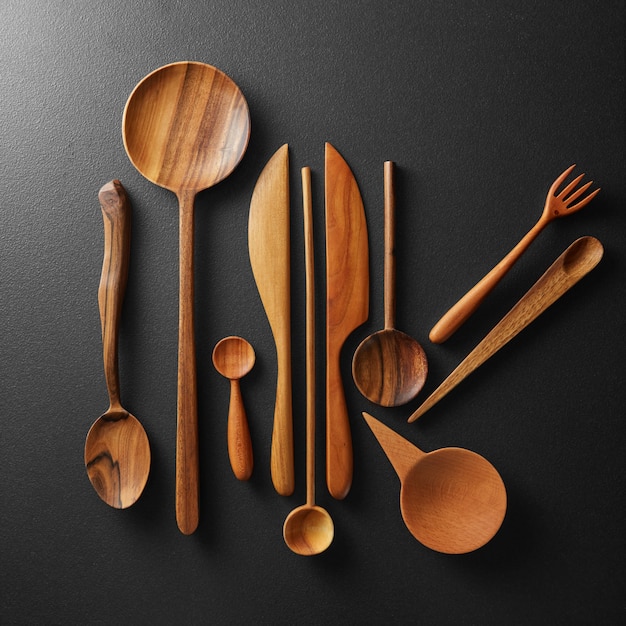 Various wooden kitchen utensil on black background