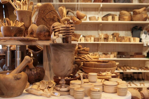 Various wooden utensils for sale in store