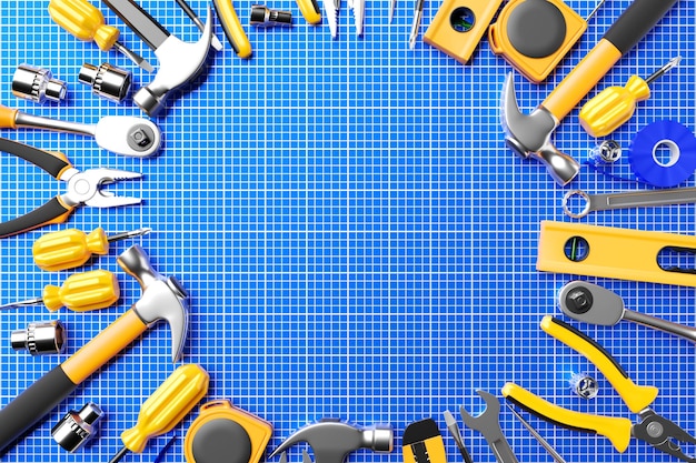 Various working tools for construction repair Screwdriver level tape hammer knife scissors wrench etc 3D illustration