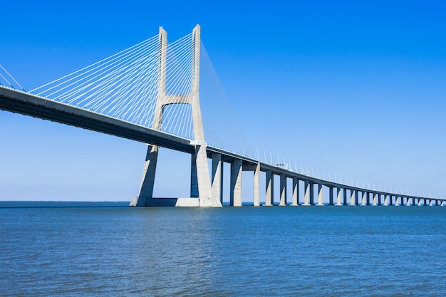 The Vasco da Gama Bridge in Lisbon, Portugal. It is the longest bridge in Europe