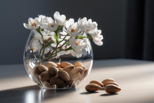 A vase of almonds and almonds sits on a table.