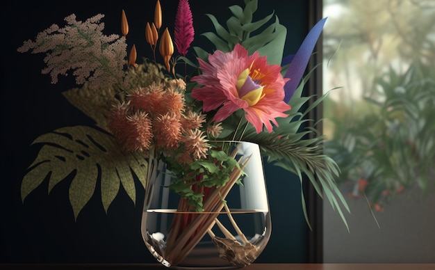 A vase of a bouquet jungle flowers on a table in the living room background ai generated