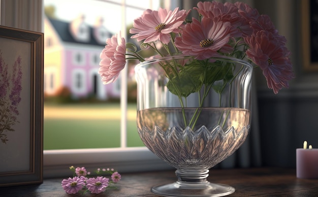 A vase of a bouquet pink flowers on a table in the living room background ai generated