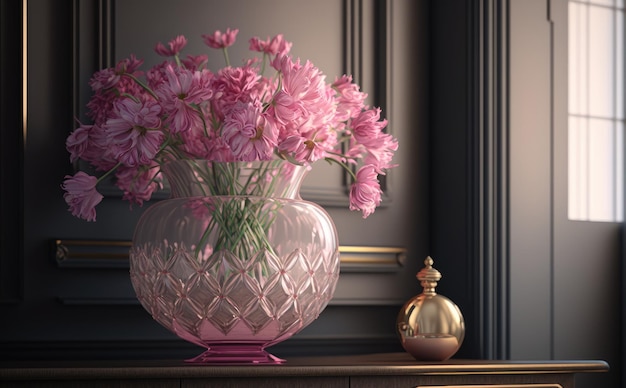 A vase of a bouquet pink flowers on a table in the living room background ai generated