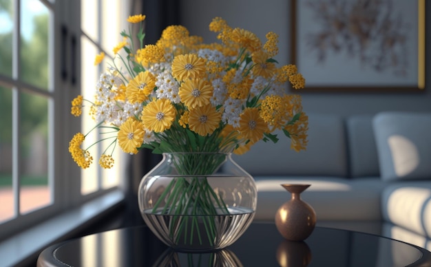 A vase of a bouquet yellow flowers is on a table. ai generated