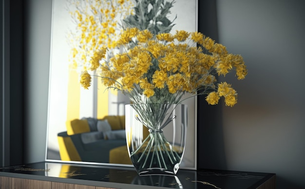 A vase of a bouquet yellow flowers is on a table. ai generated