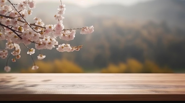 A vase of cherry blossoms on a wooden table with a mountain in the background