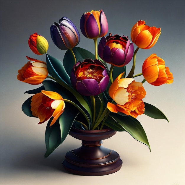 A vase of colorful flowers is shown with orange, purple, and yellow flowers.