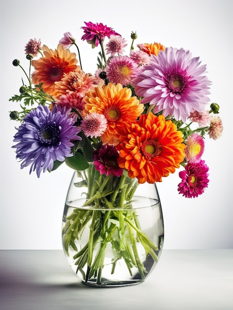 A vase of colorful flowers is on a table with a white background.